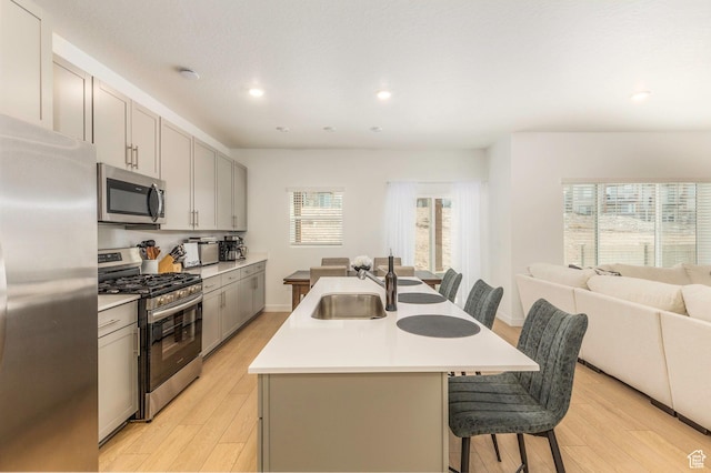 2278 N Canal View Ln, Heber City, UT 84032 - kitchen with light wood-type flooring, stainless steel appliances, a kitchen island with sink, sink, and gray cabinets