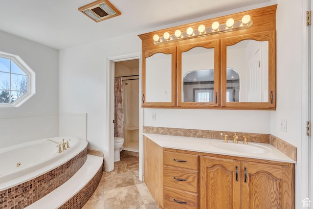 1402 Shepherd Dr, Wellington, UT 84542 - bathroom featuring tile patterned floors, vanity, toilet, and tiled tub