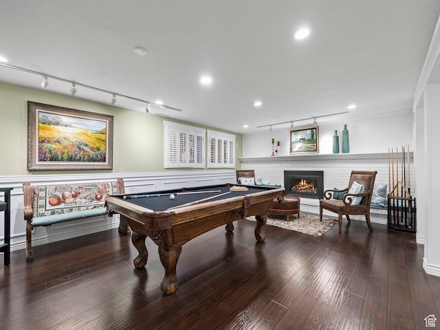 208 S 1100 E, Payson, UT 84651 - game room featuring track lighting, a fireplace, billiards, wood finished floors, and a wainscoted wall
