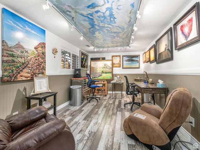 208 S 1100 E, Payson, UT 84651 - home office featuring track lighting, wood-type flooring, and a wainscoted wall