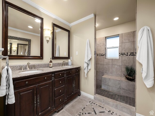 208 S 1100 E, Payson, UT 84651 - full bath featuring double vanity, tile patterned floors, walk in shower, recessed lighting, and ornamental molding