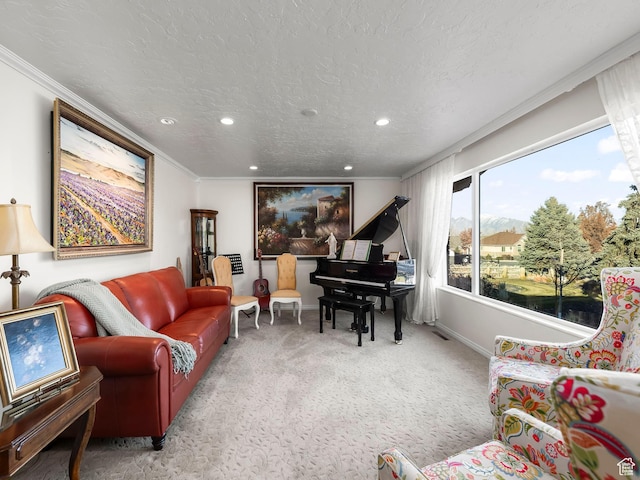 208 S 1100 E, Payson, UT 84651 - carpeted living area featuring recessed lighting, ornamental molding, and a textured ceiling