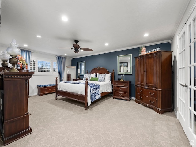 208 S 1100 E, Payson, UT 84651 - bedroom featuring recessed lighting, light carpet, crown molding, and ceiling fan