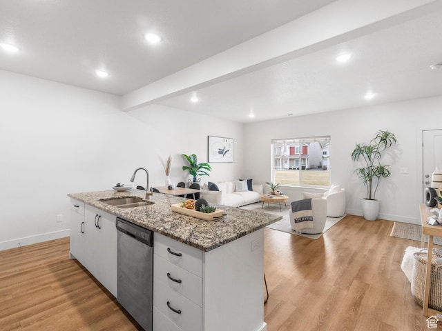 364 S 1580 E, Hyrum, UT 84319 - kitchen featuring white cabinetry, dishwasher, sink, light hardwood / wood-style floors, and a kitchen island with sink