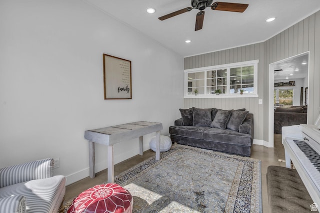 30 W 400 N, Fillmore, UT 84631 - living room featuring ceiling fan and wooden walls