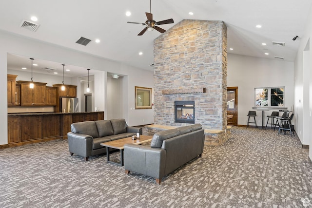 13579 N Hillclimb Ln, Kamas, UT 84036 - carpeted living room featuring a fireplace, high vaulted ceiling, and ceiling fan