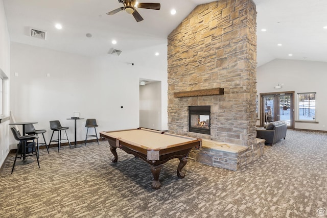 13579 N Hillclimb Ln, Kamas, UT 84036 - game room with a stone fireplace, carpet, high vaulted ceiling, and pool table