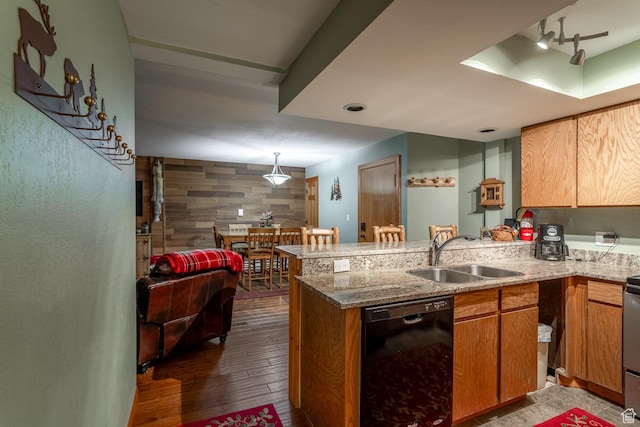407 S Vasels Rd Unit 65, Brian Head, UT 84719 - kitchen featuring kitchen peninsula, sink, black dishwasher, dark hardwood / wood-style floors, and hanging light fixtures