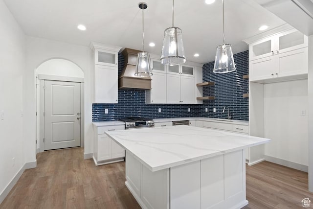 11423 S Watercourse Rd, South Jordan, UT 84009 - kitchen featuring custom exhaust hood, open shelves, a sink, appliances with stainless steel finishes, and backsplash