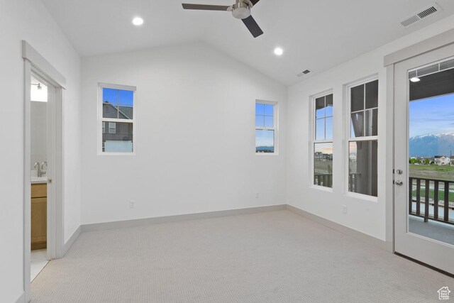 11423 S Watercourse Rd, South Jordan, UT 84009 - spare room with vaulted ceiling, ceiling fan, plenty of natural light, light colored carpet, and a sink