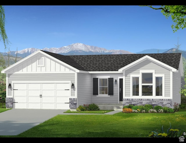 ranch-style house with an attached garage, a mountain view, driveway, roof with shingles, and board and batten siding