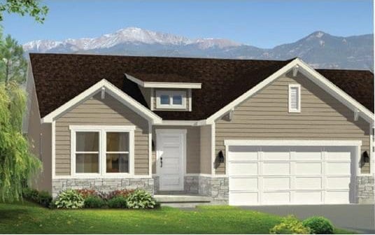 view of front of home with a garage and a mountain view