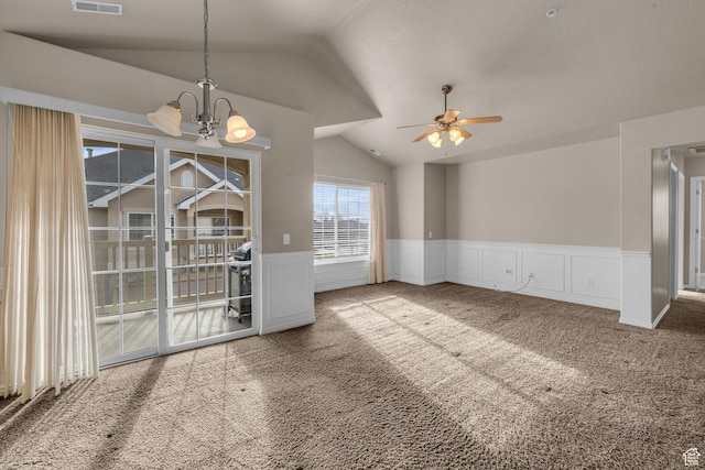 67 S 930 E, American Fork, UT 84003 - interior space featuring lofted ceiling, carpet floors, and ceiling fan with notable chandelier