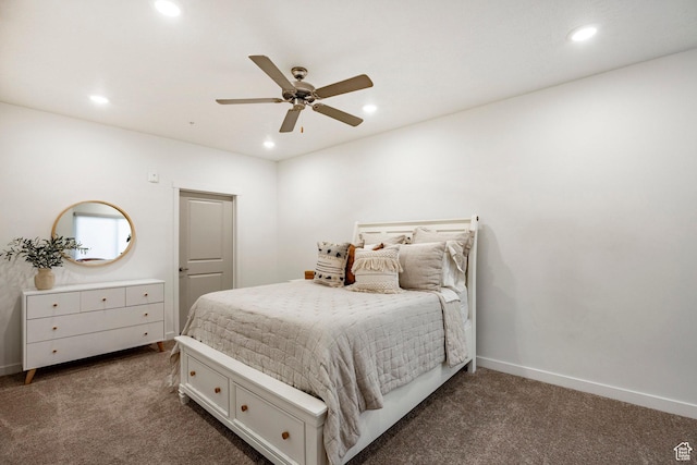 carpeted bedroom featuring a ceiling fan, baseboards, and recessed lighting