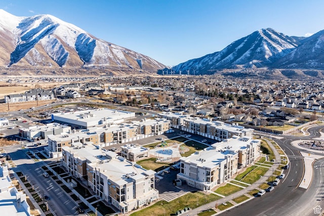 drone / aerial view featuring a mountain view