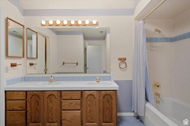 1375 E 260 N, Logan, UT 84321 - bathroom featuring tile patterned flooring, shower / bath combination with curtain, crown molding, and vanity