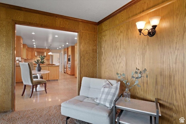 1375 E 260 N, Logan, UT 84321 - living area featuring light tile patterned floors, ornamental molding, and wood walls