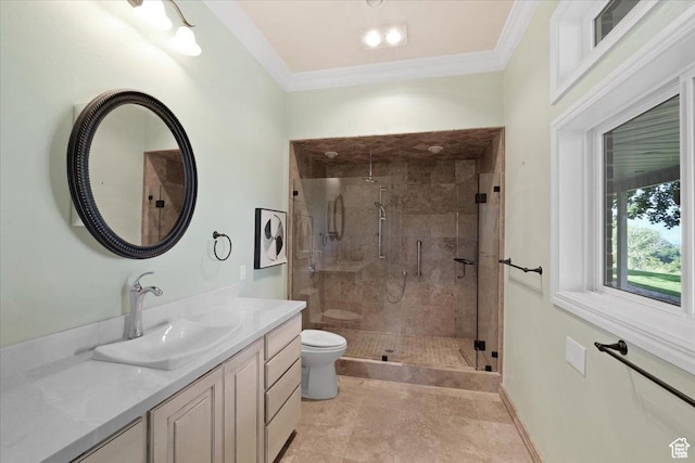 1375 E 260 N, Logan, UT 84321 - bathroom featuring vanity, crown molding, tile patterned flooring, toilet, and an enclosed shower