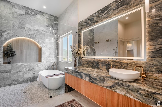 6736 E Via Cortina, Huntsville, UT 84317 - bathroom featuring plus walk in shower, vanity, and tile walls