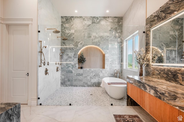 6736 E Via Cortina, Huntsville, UT 84317 - bathroom with vanity, shower with separate bathtub, and tile walls