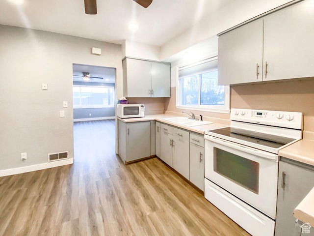 kitchen with sink, light wood-type flooring, white cabinets, ceiling fan, and white appliances