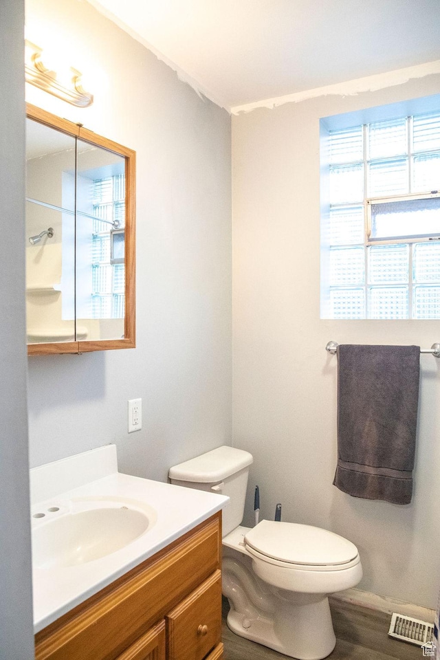 bathroom with hardwood / wood-style flooring, vanity, and toilet