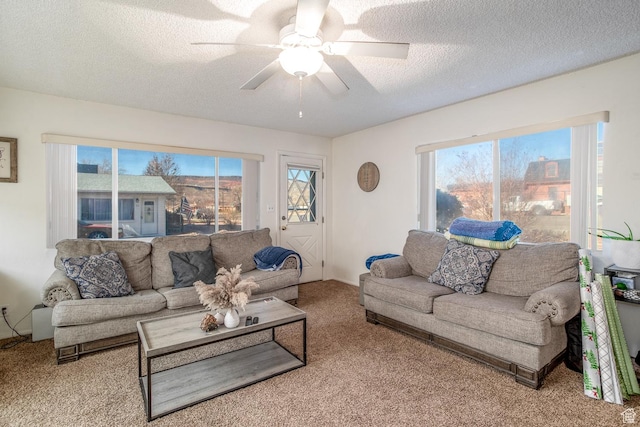 carpeted living room with ceiling fan and a textured ceiling