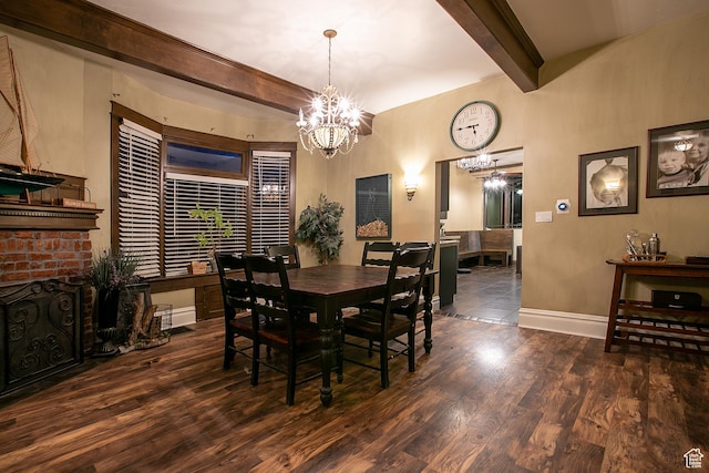 121 T St, Salt Lake City, UT 84103 - dining room featuring beamed ceiling, wood finished floors, baseboards, and an inviting chandelier