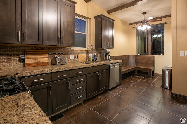 121 T St, Salt Lake City, UT 84103 - kitchen with tasteful backsplash, a sink, dishwasher, ceiling fan, and dark brown cabinetry