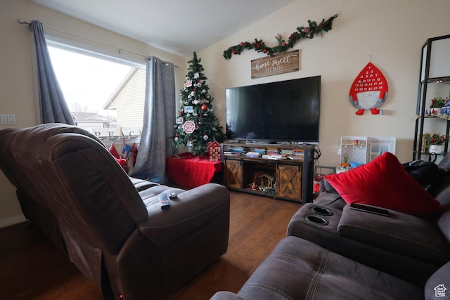 living room with hardwood / wood-style floors and lofted ceiling
