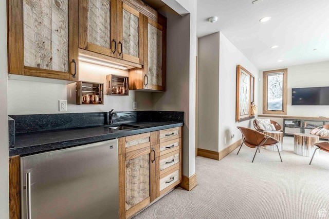 45 King Rd, Park City, UT 84060 - bar featuring baseboards, dishwasher, a sink, freestanding refrigerator, and light colored carpet
