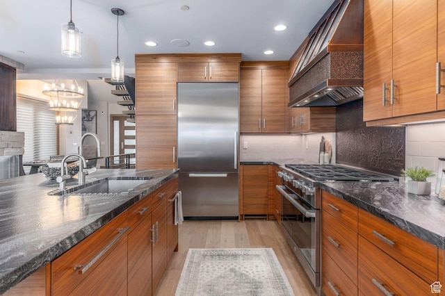 45 King Rd, Park City, UT 84060 - kitchen featuring a sink, custom range hood, high end appliances, and brown cabinetry