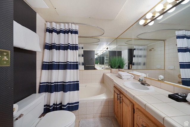 full bathroom with vanity, toilet, and shower / bathtub combination with curtain