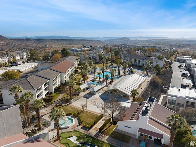 drone / aerial view featuring a mountain view