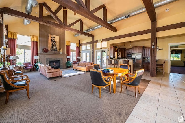 1026 N Shepard Creek Pkwy Unit 4, Farmington, UT 84025 - living room with beamed ceiling, light tile patterned floors, and high vaulted ceiling