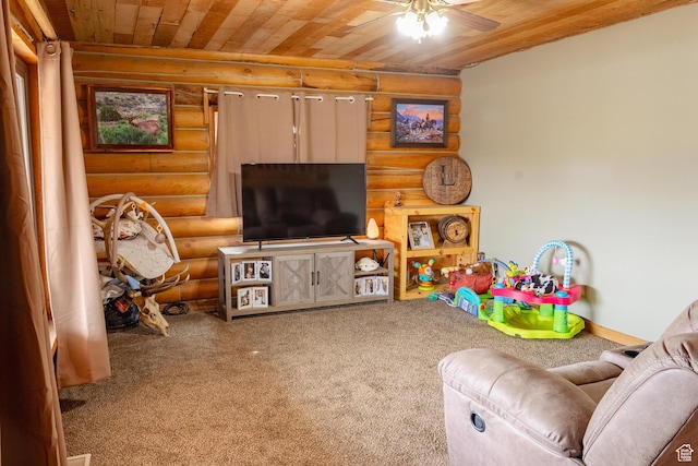 332 S Allens Ranch Rd, Fairfield, UT 84013 - carpeted living room featuring rustic walls, wooden ceiling, and a ceiling fan