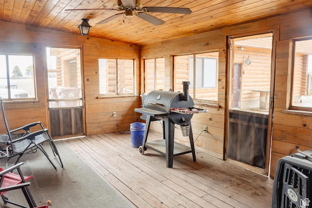 332 S Allens Ranch Rd, Fairfield, UT 84013 - workout area featuring wood ceiling, wooden walls, a ceiling fan, and light wood-style floors