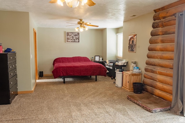 332 S Allens Ranch Rd, Fairfield, UT 84013 - carpeted bedroom with rustic walls, ceiling fan, and a textured ceiling