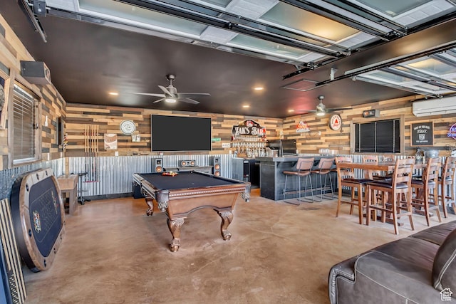3103 W Meadow Green Way S, West Jordan, UT 84088 - rec room featuring ceiling fan, a bar, finished concrete flooring, billiards, and wood walls