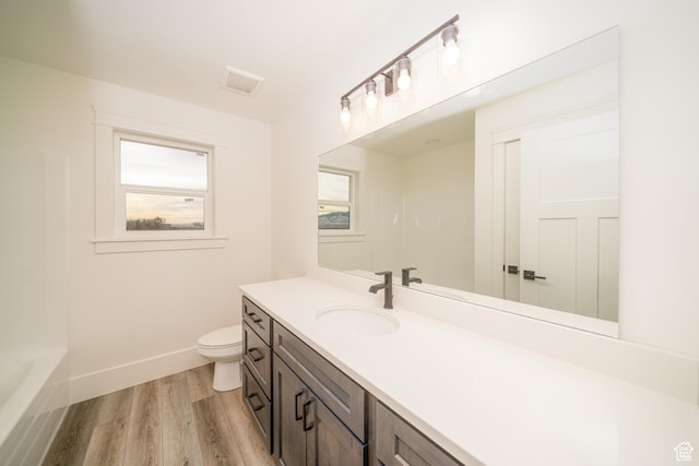 bathroom featuring wood-type flooring, vanity, and toilet
