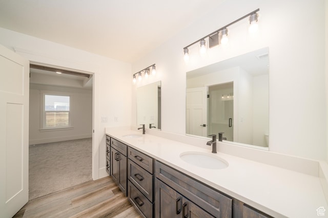 bathroom featuring vanity, hardwood / wood-style flooring, and toilet
