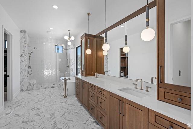 3050 Country Crossings, Heber City, UT 84032 - full bathroom featuring a shower stall, a freestanding tub, double vanity, and recessed lighting