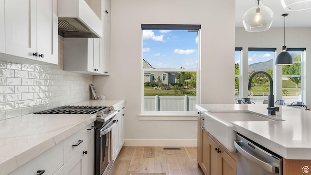 928 N Foxhunter Dr W, Farmington, UT 84025 - kitchen featuring appliances with stainless steel finishes, custom range hood, light wood finished floors, tasteful backsplash, and baseboards