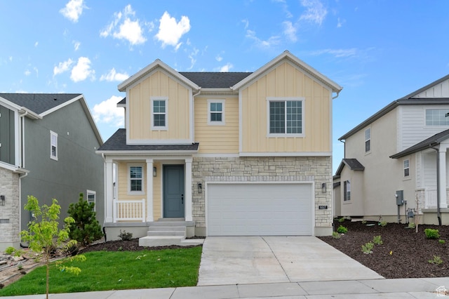 6627 W Spring Snow Ln, Herriman, UT 84096 - view of front of home featuring board and batten siding, a garage, concrete driveway, stone siding, and a front lawn