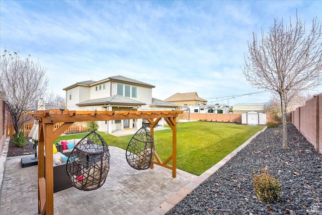 3459 S 2960 E, St George, UT 84790 - view of yard featuring a fenced backyard, an outbuilding, a patio, and a storage shed