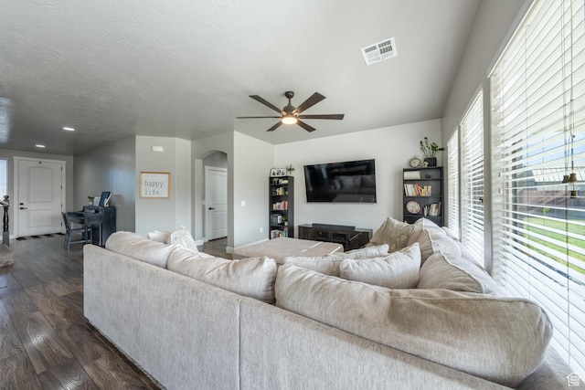 3459 S 2960 E, St George, UT 84790 - living room with a ceiling fan, arched walkways, visible vents, dark wood-style floors, and recessed lighting