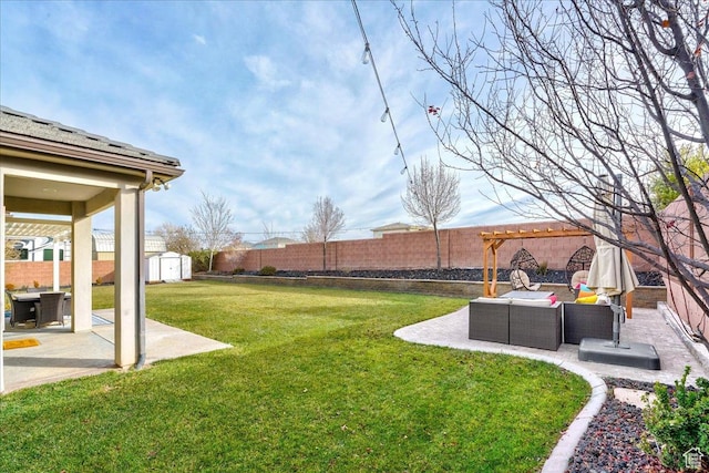 3459 S 2960 E, St George, UT 84790 - view of yard with a storage shed, outdoor lounge area, a patio area, and a fenced backyard