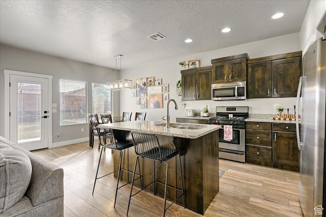 3459 S 2960 E, St George, UT 84790 - kitchen featuring dark brown cabinets, a sink, a breakfast bar area, appliances with stainless steel finishes, and visible vents