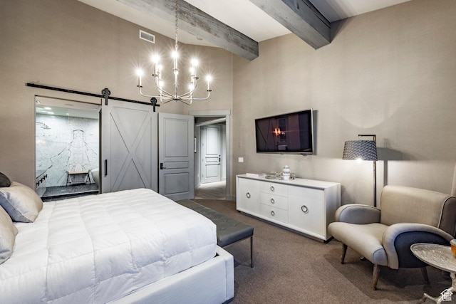 41 E Silver Star Ct Unit C-19, Park City, UT 84060 - bedroom featuring dark colored carpet, a chandelier, beam ceiling, a high ceiling, and a barn door