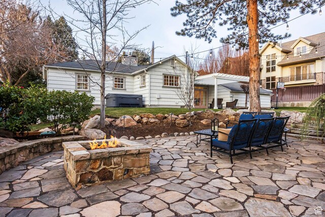 2760 E Spring Creek Rd, Holladay, UT 84117 - view of patio / terrace featuring an outdoor fire pit and a pergola